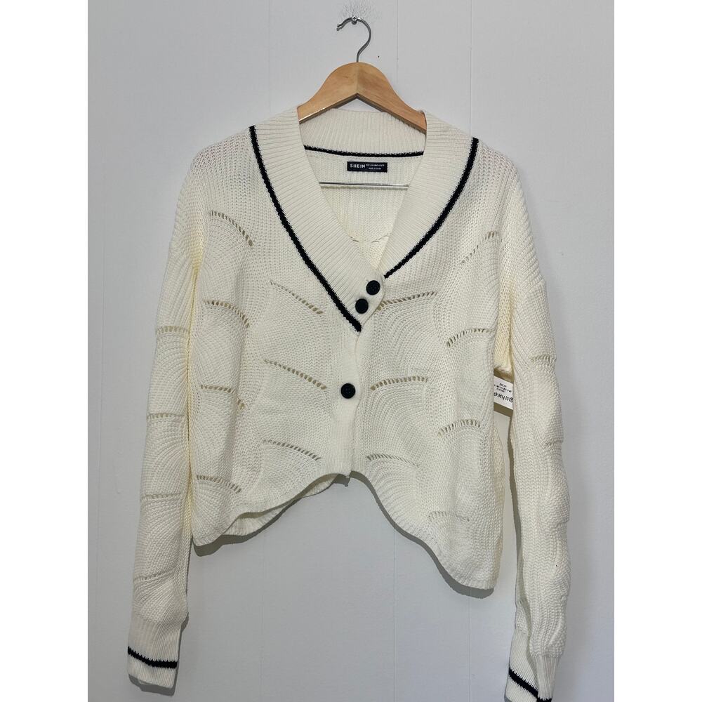 SHEIN Cream Cropped Cardigan Black Trim‎ Large